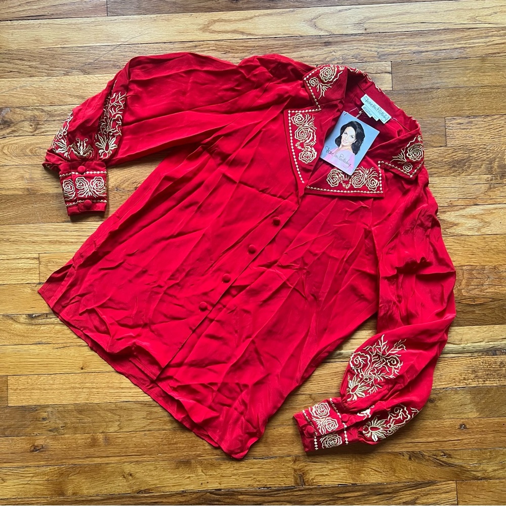 Diane Von Furstenberg VINTAGE Silk Assets red gold embroidered blouse NWT